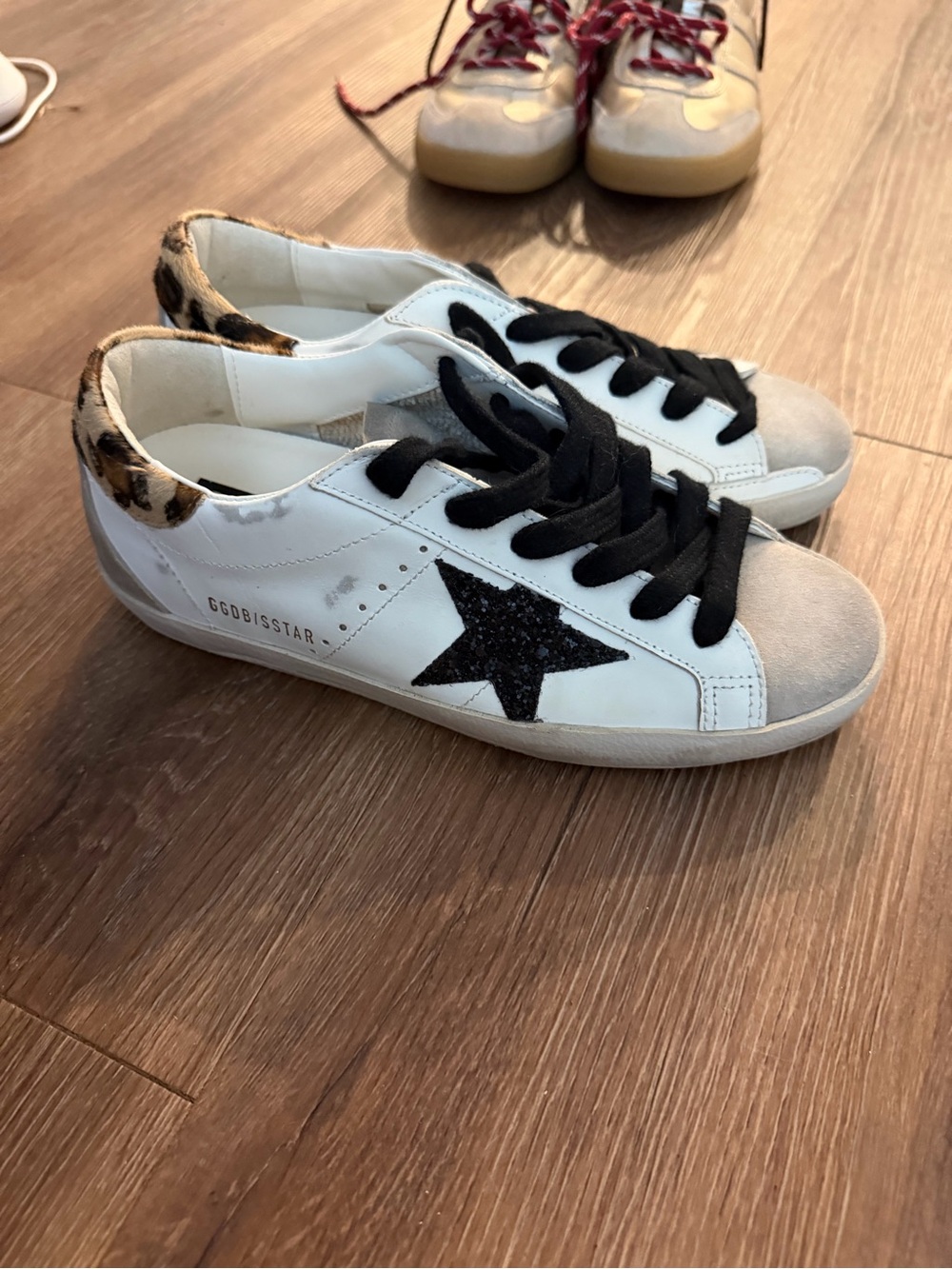 Golden Goose White Sneakers with Black Star and Leopard Heel